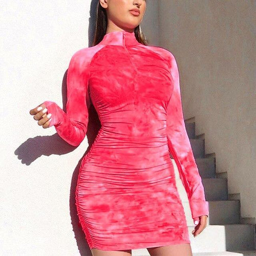 Turtleneck Tie Dye Zipper Slim Fit Party Dress