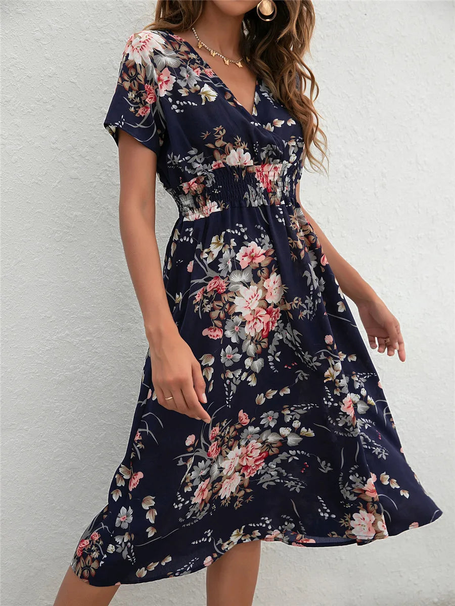 Floral Long Short Sleeve Chic Midi Dress