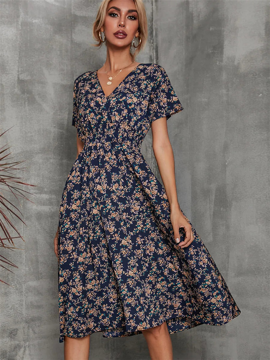 Floral Long Short Sleeve Chic Midi Dress