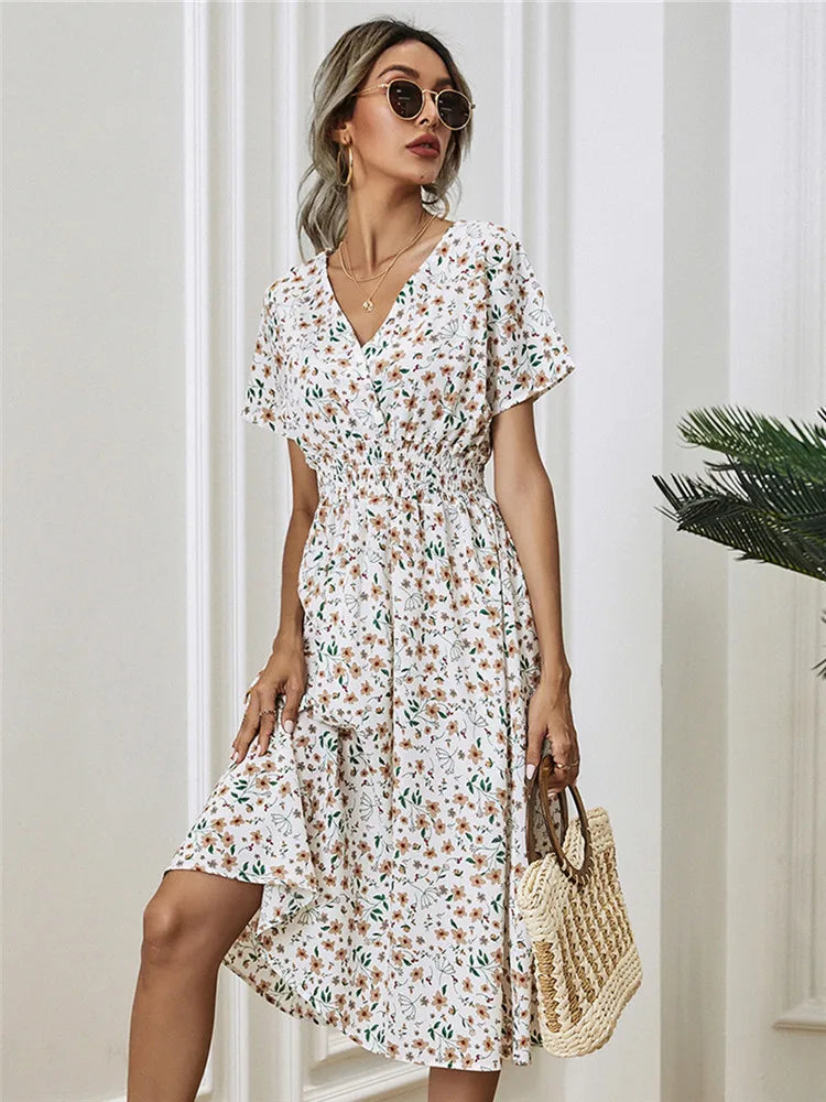 Floral Long Short Sleeve Chic Midi Dress