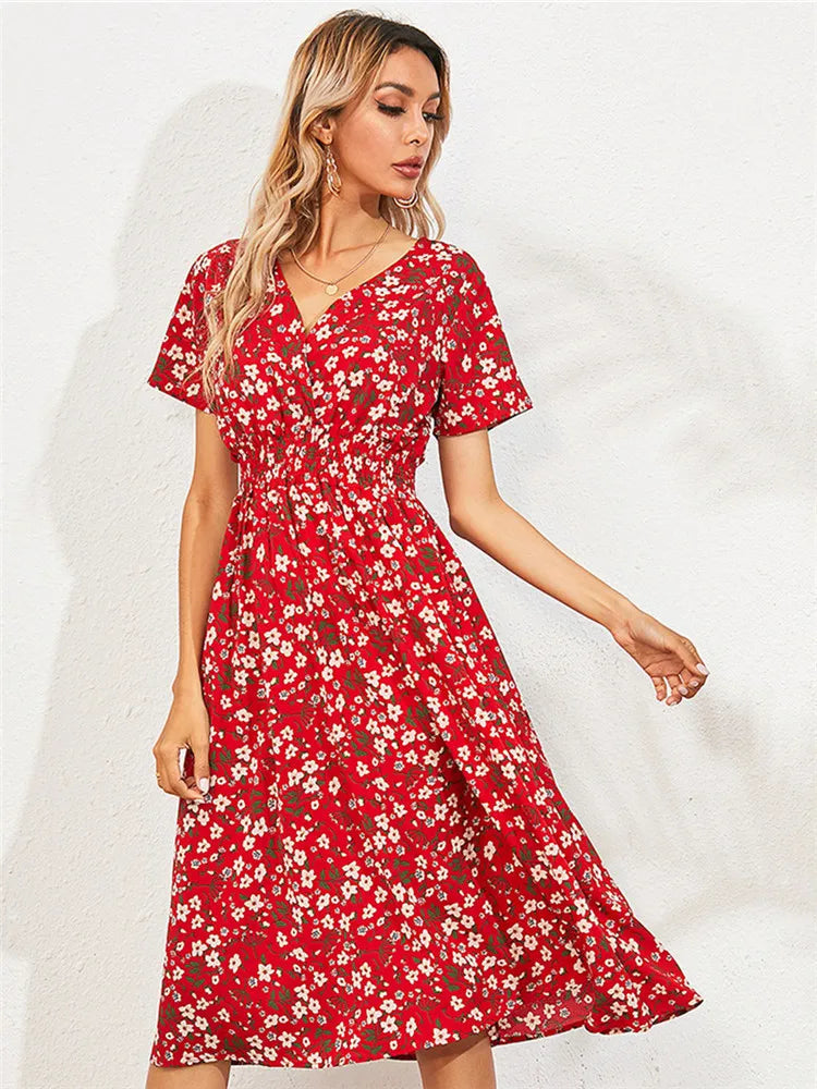 Floral Long Short Sleeve Chic Midi Dress