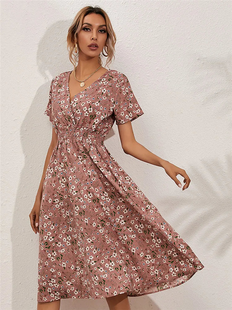 Floral Long Short Sleeve Chic Midi Dress