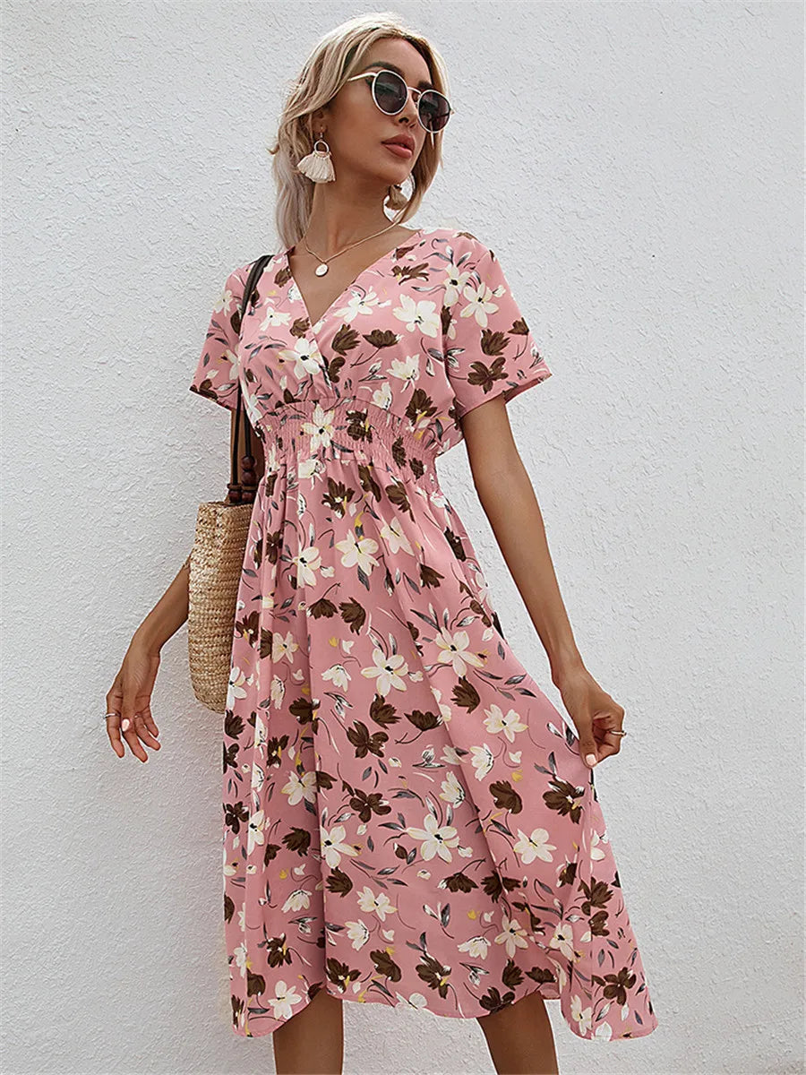 Floral Long Short Sleeve Chic Midi Dress