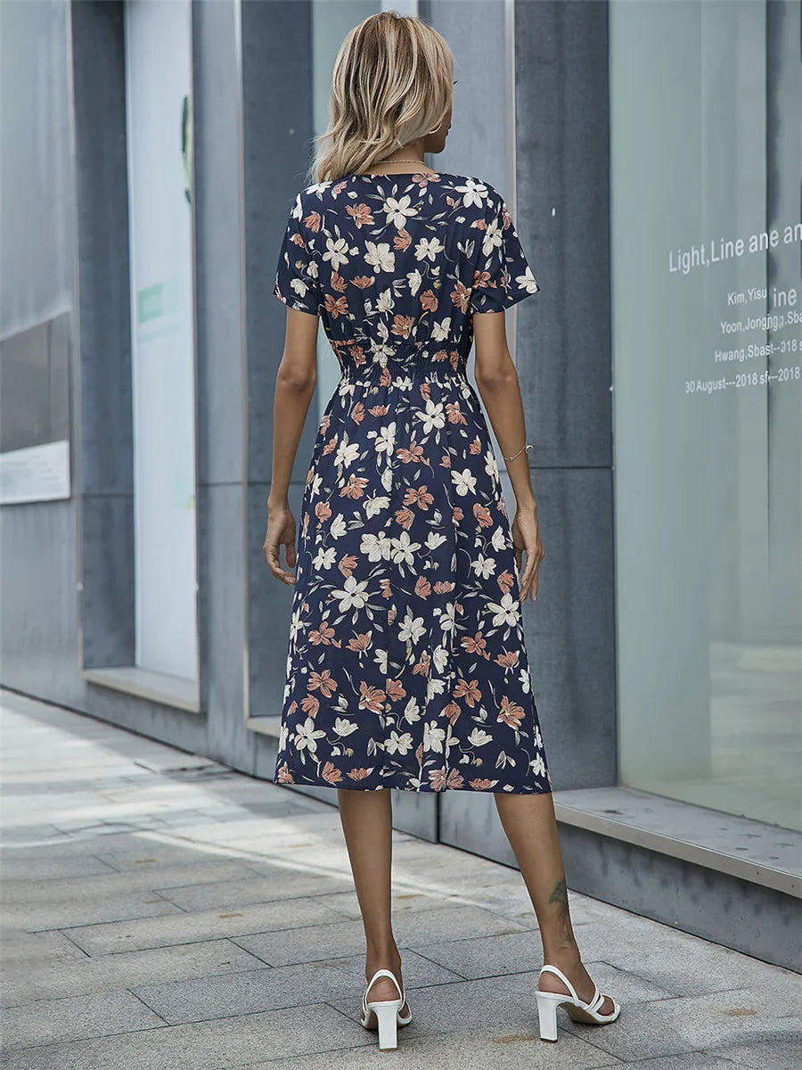 Floral Long Short Sleeve Chic Midi Dress