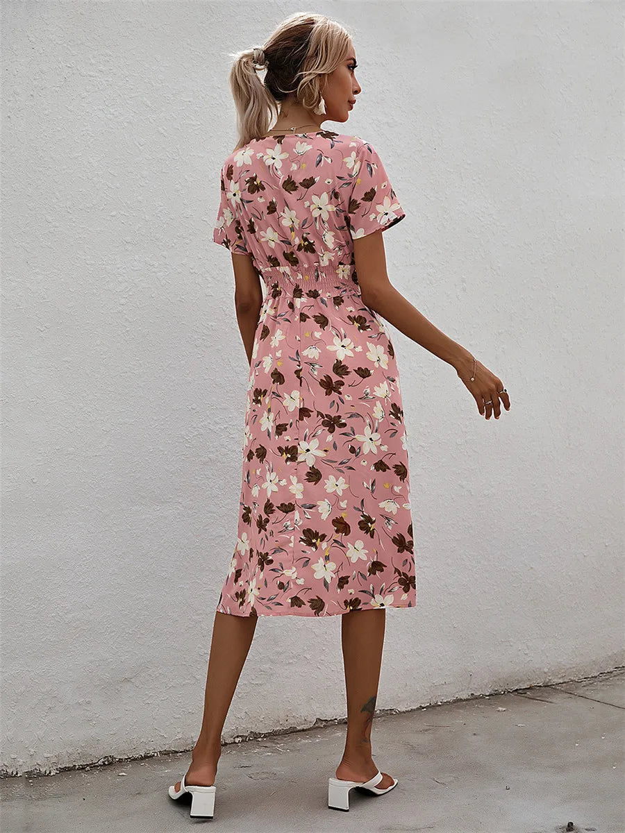 Floral Long Short Sleeve Chic Midi Dress