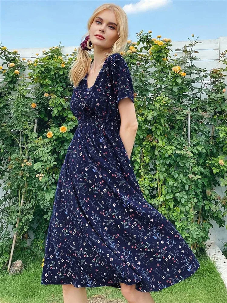 Floral Long Short Sleeve Chic Midi Dress