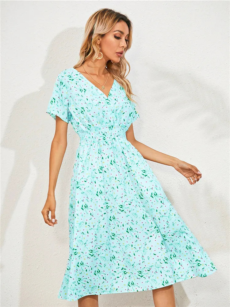 Floral Long Short Sleeve Chic Midi Dress