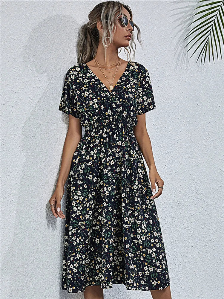 Floral Long Short Sleeve Chic Midi Dress