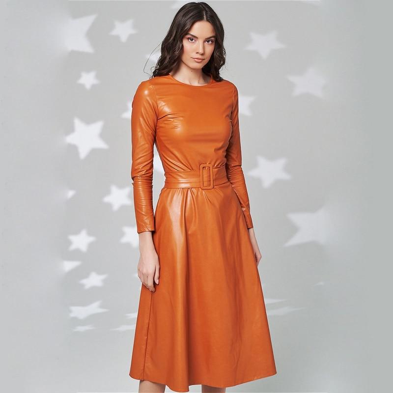 Fit Flare PU Leather Pocket Midi Dress