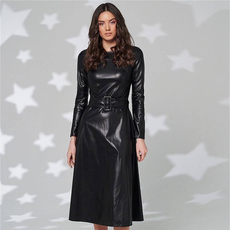 Fit Flare PU Leather Pocket Midi Dress