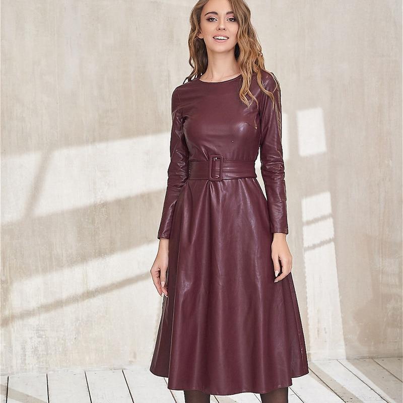 Fit Flare PU Leather Pocket Midi Dress