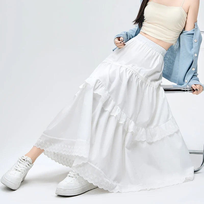 French Lace White Long Spring Summer High Waist Skirt