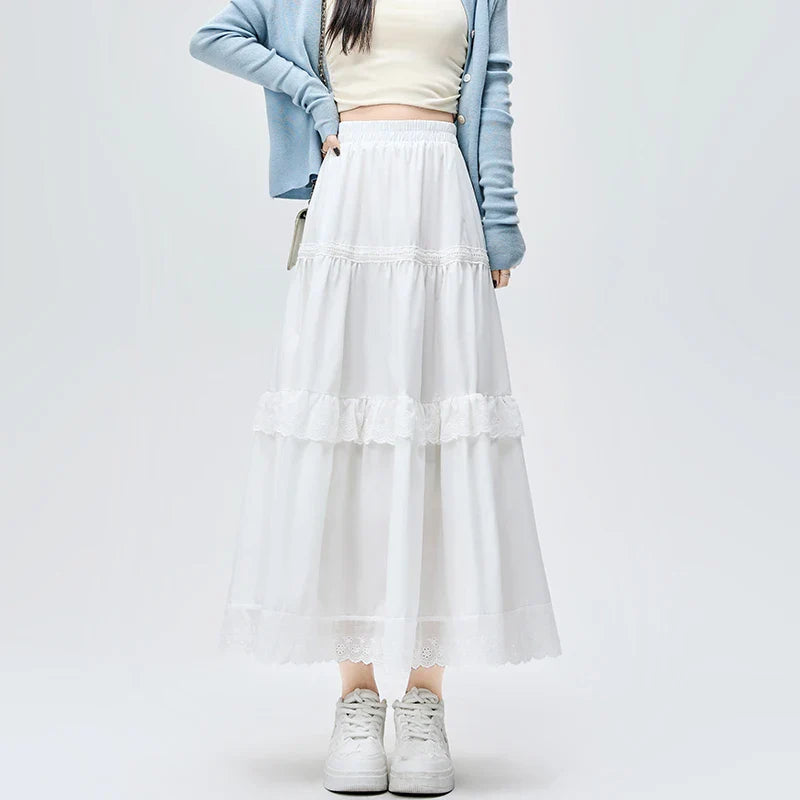 French Lace White Long Spring Summer High Waist Skirt
