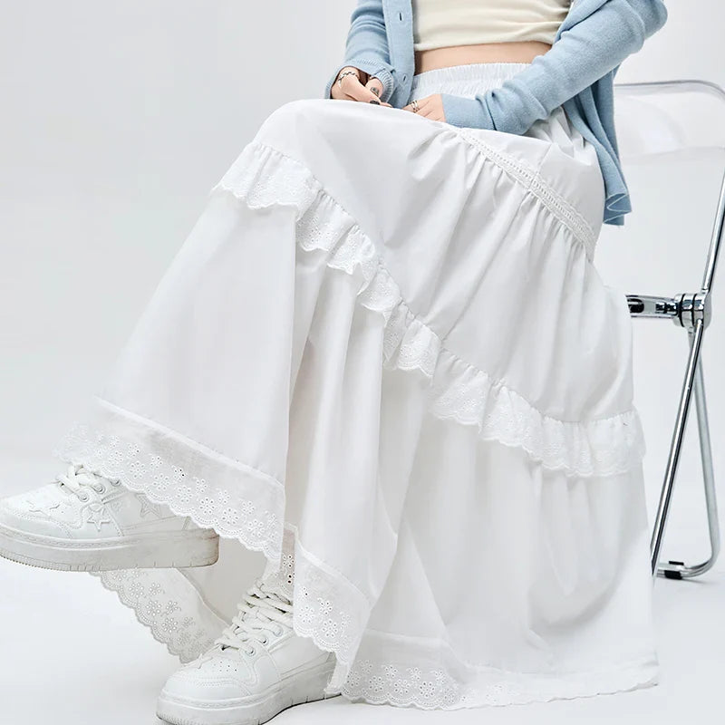 French Lace White Long Spring Summer High Waist Skirt