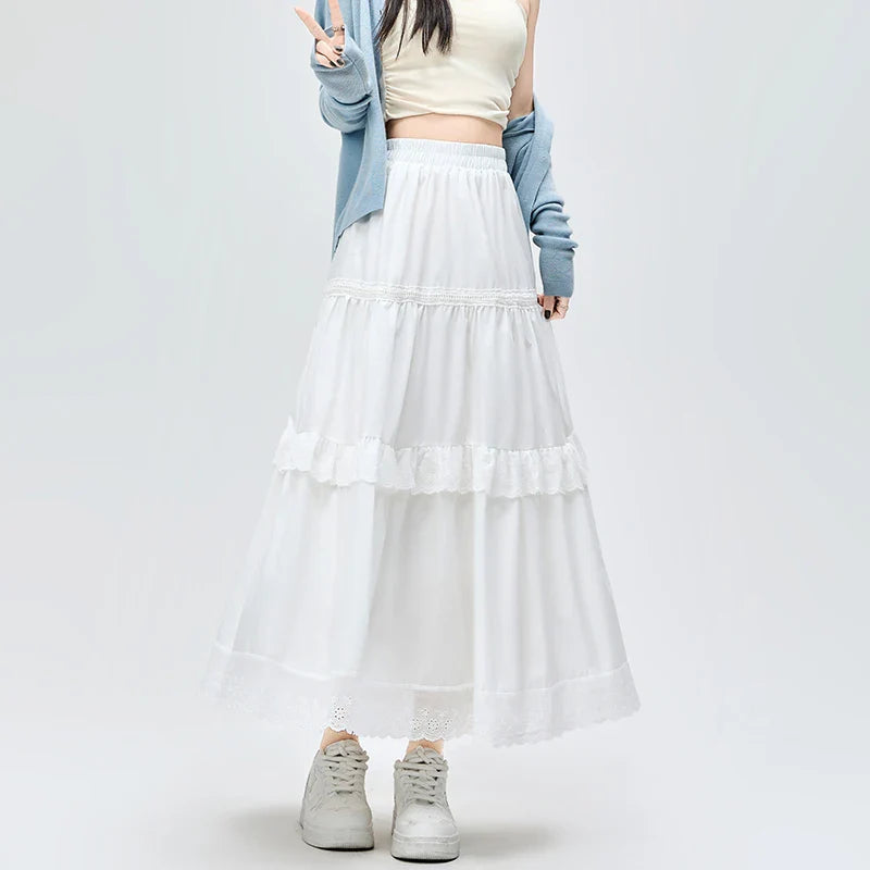 French Lace White Long Spring Summer High Waist Skirt