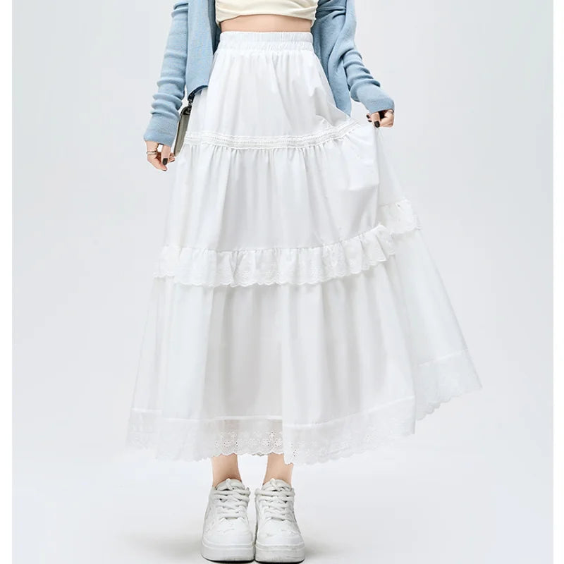 French Lace White Long Spring Summer High Waist Skirt