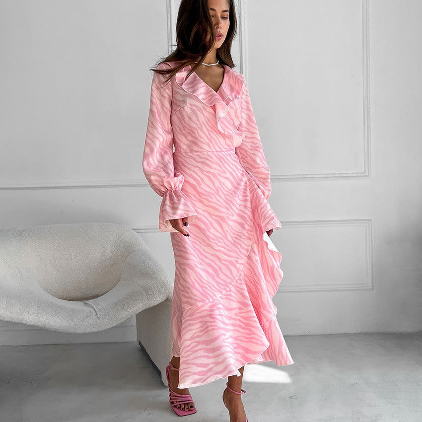 Pink Ruffled Lace-Up Fishtail Maxi Dress