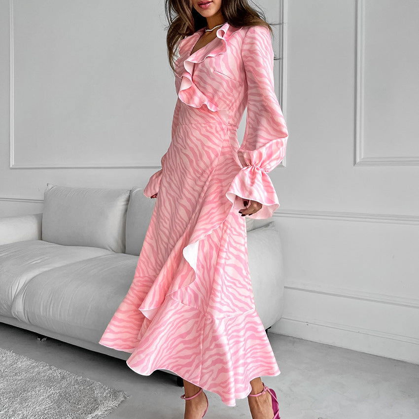 Pink Ruffled Lace-Up Fishtail Maxi Dress