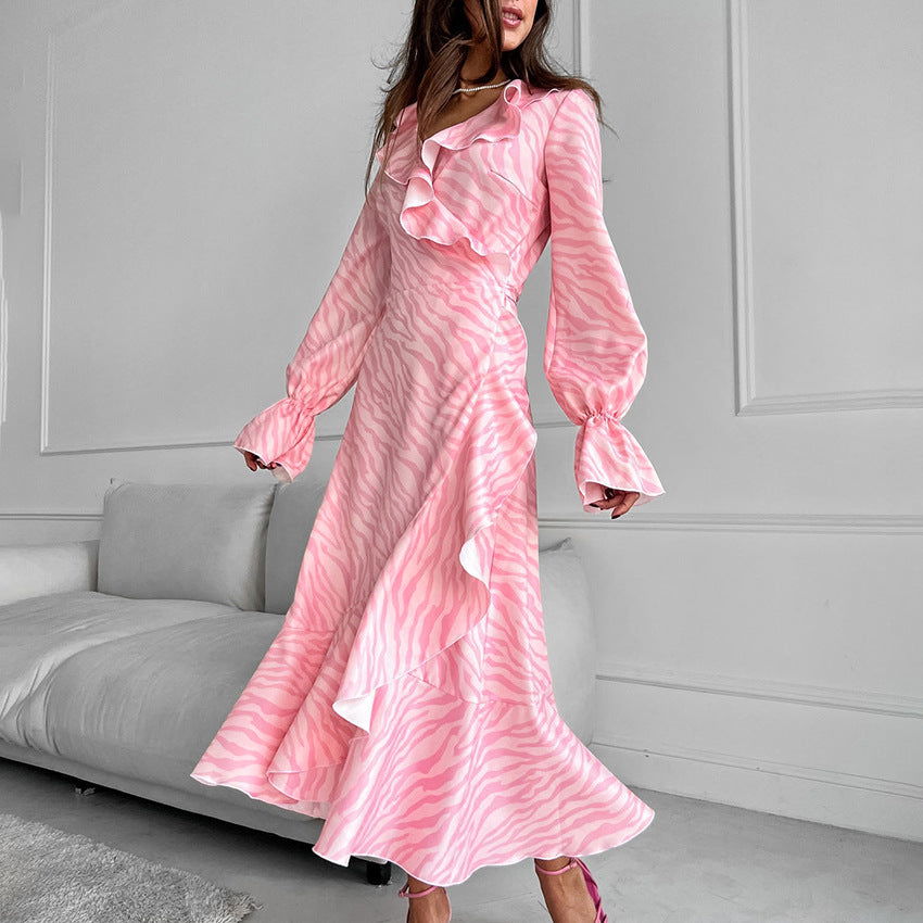 Pink Ruffled Lace-Up Fishtail Maxi Dress