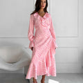 Pink Ruffled Lace-Up Fishtail Maxi Dress