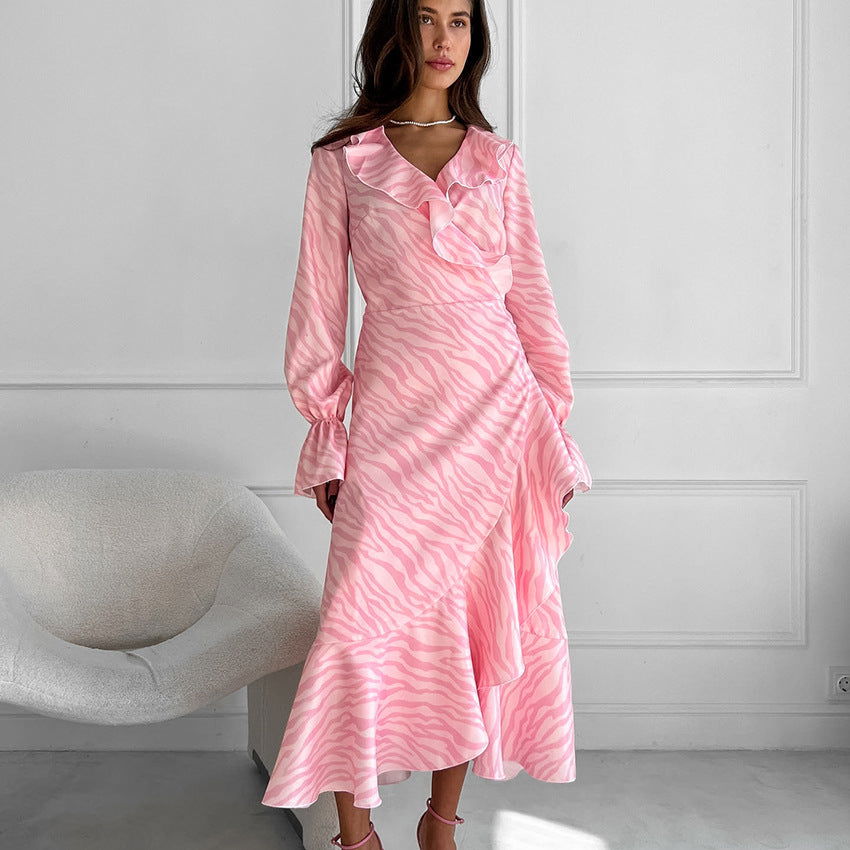 Pink Ruffled Lace-Up Fishtail Maxi Dress