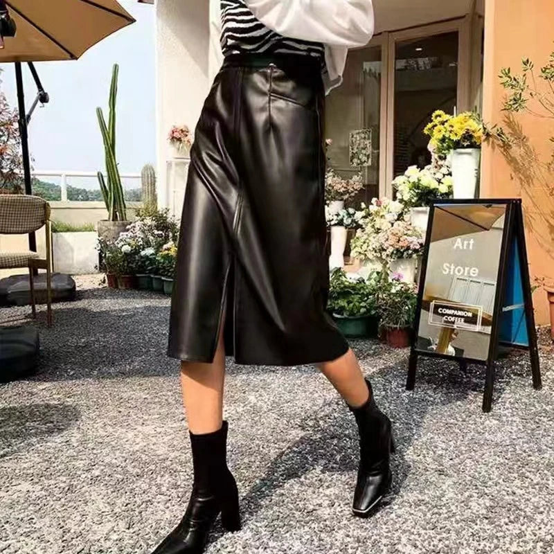 Genuine Leather Versatile Mid-length Skirt