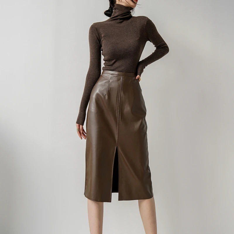 Genuine Leather Versatile Mid-length Skirt