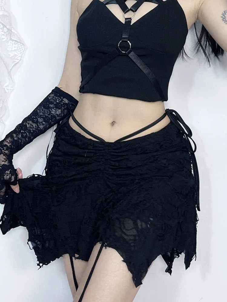 Gothic Lace Up Irregular Fold Black Mini Dress