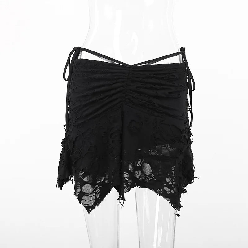 Gothic Lace Up Irregular Fold Black Mini Dress