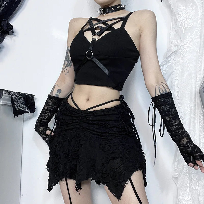 Gothic Lace Up Irregular Fold Black Mini Dress