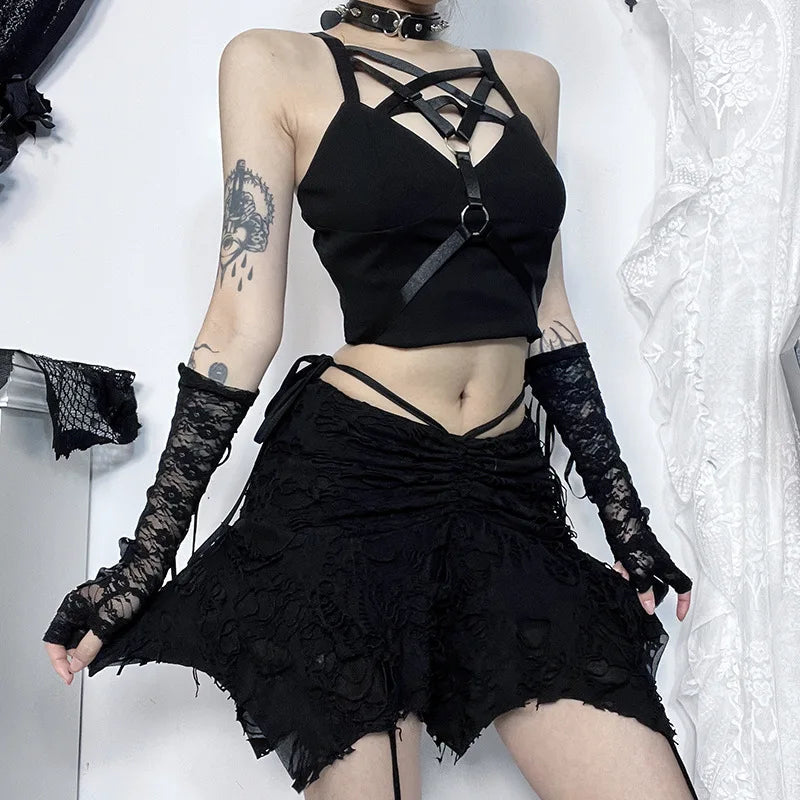 Gothic Lace Up Irregular Fold Black Mini Dress