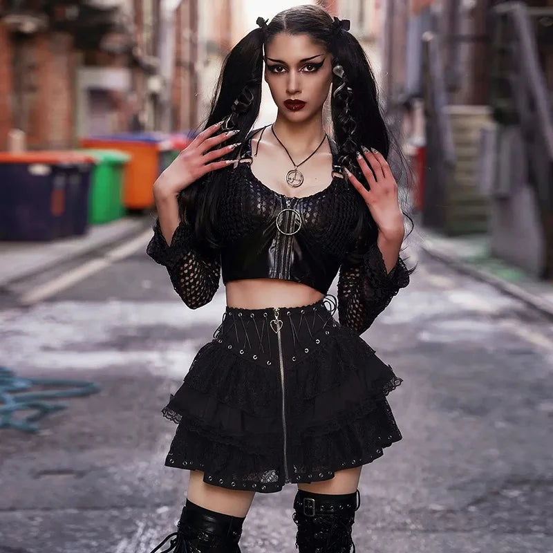 Black Vintage High Waist Zipper Cosplay Mini Dress