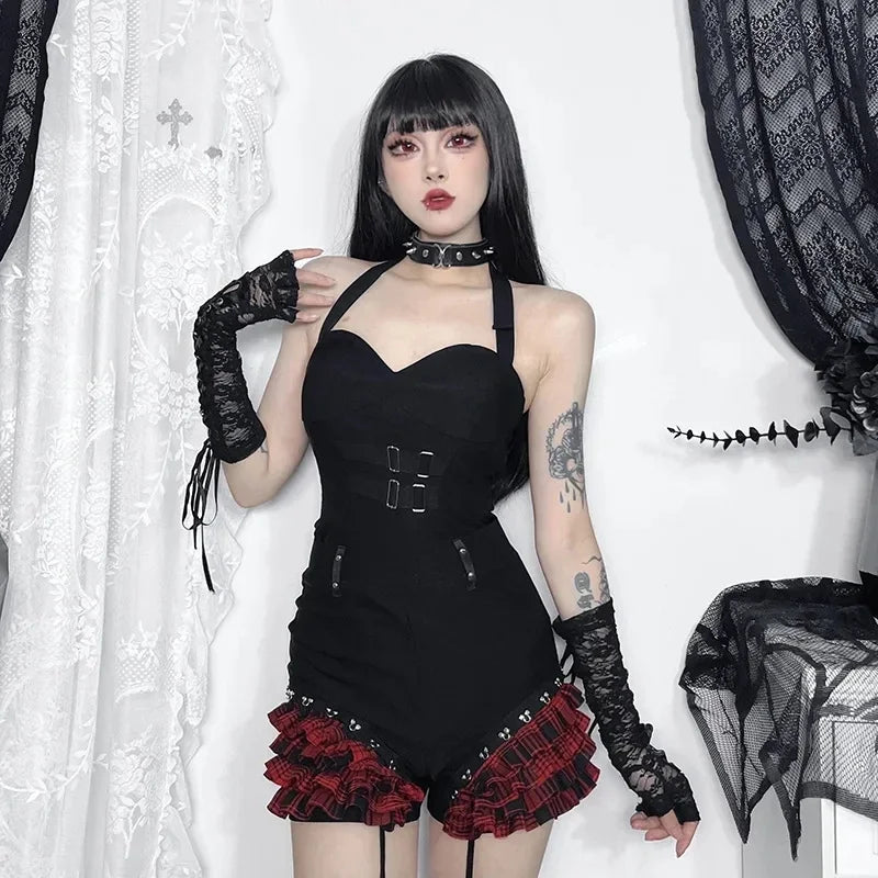 Gothic Plaid Patchwork Halter Y2K Vest Skirt
