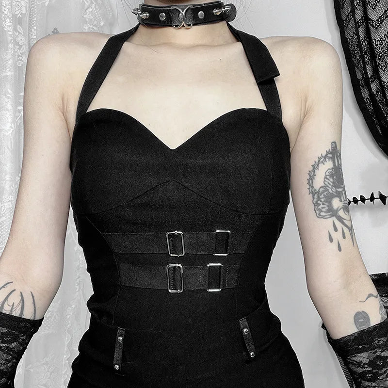 Gothic Plaid Patchwork Halter Y2K Vest Skirt