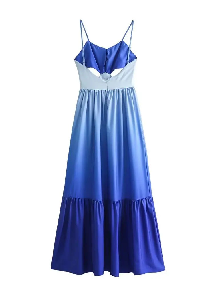 Gradient Hollow Out Pleated Sleeveless Sling Maxi Dress