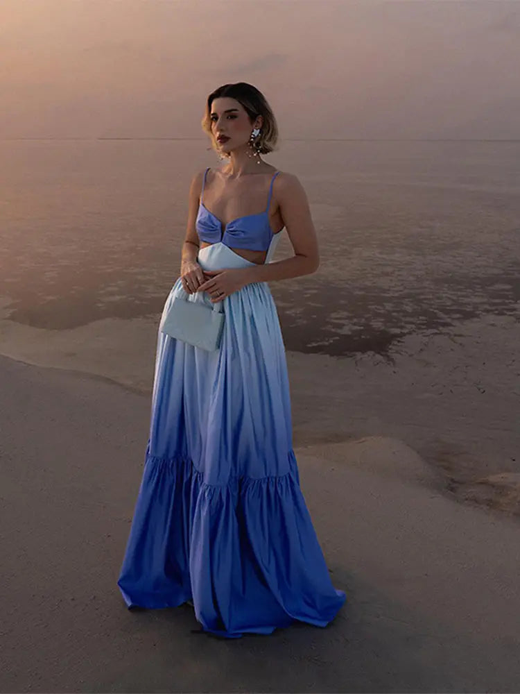 Gradient Hollow Out Pleated Sleeveless Sling Maxi Dress