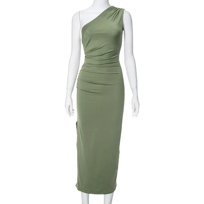 One Shoulder Ruched Sleeveless Summer Elegant Maxi Dress