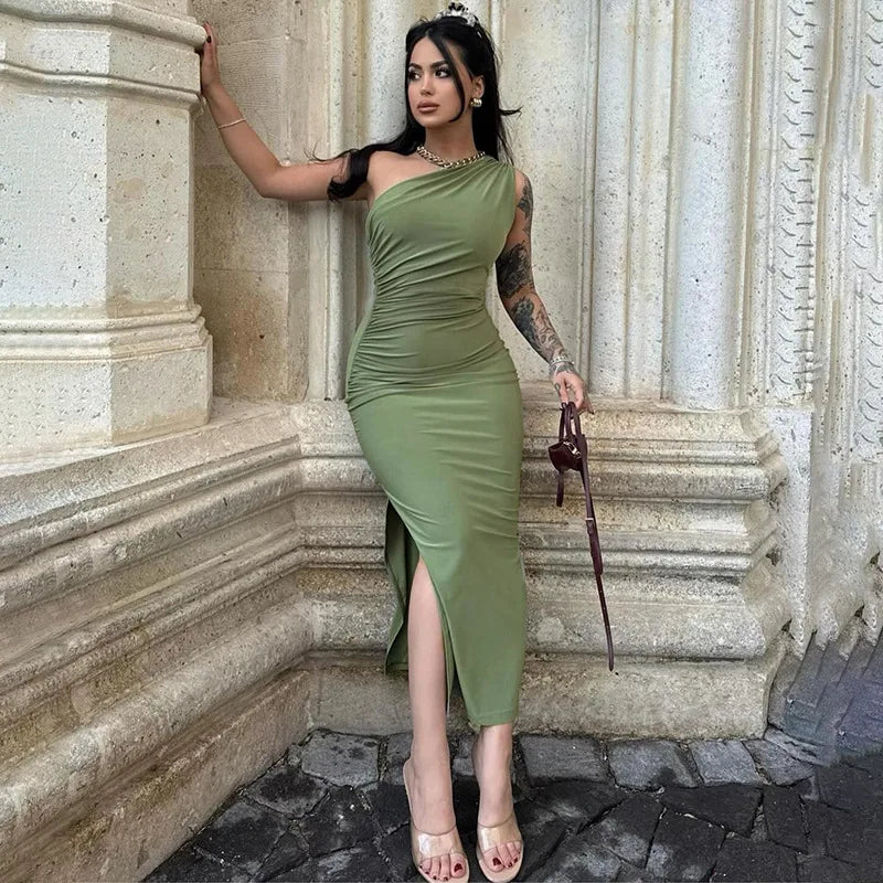 One Shoulder Ruched Sleeveless Summer Elegant Maxi Dress