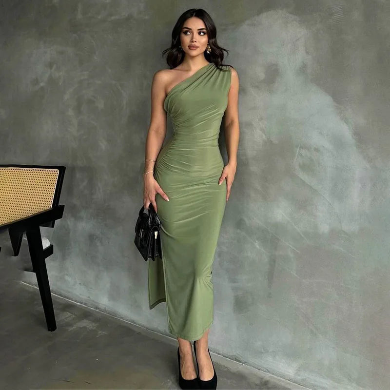 One Shoulder Ruched Sleeveless Summer Elegant Maxi Dress