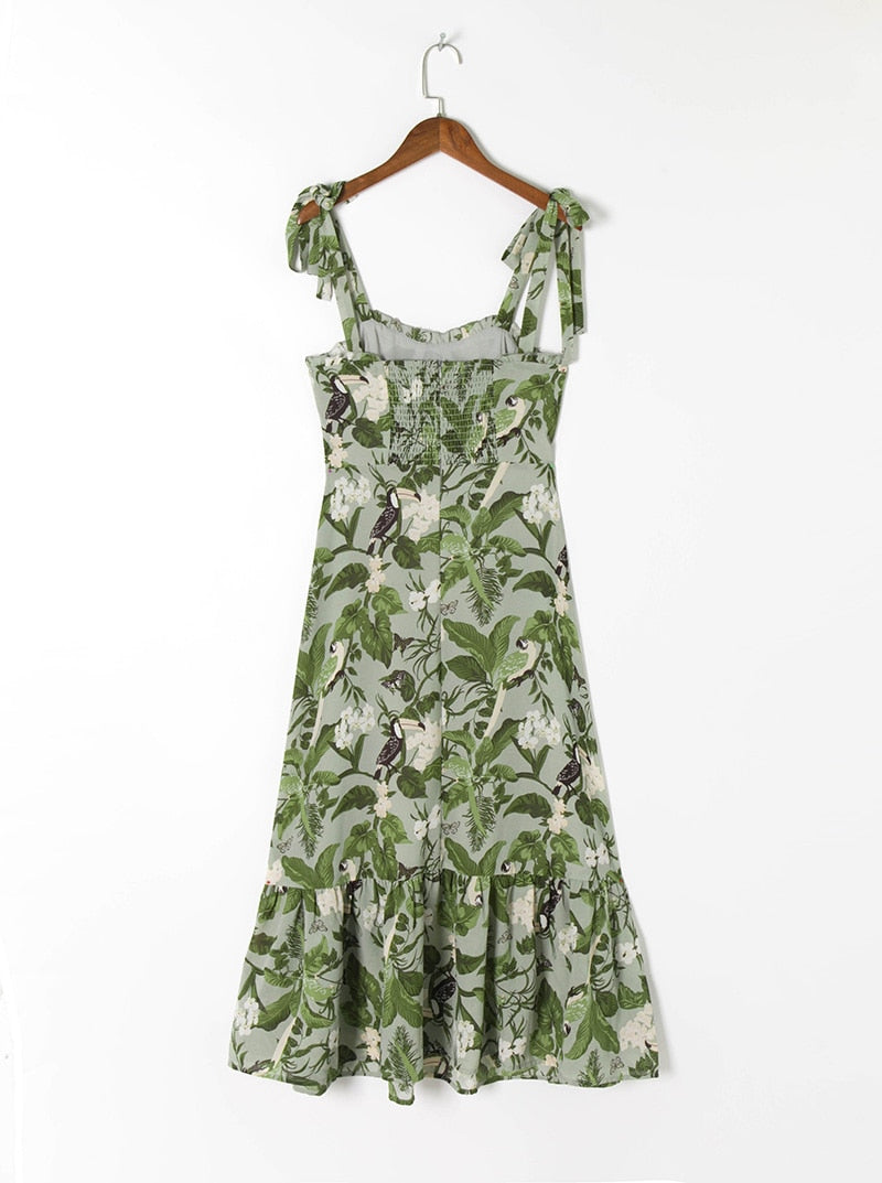 Ruffled Beach Sweetheart Tie Strap Midi Dress