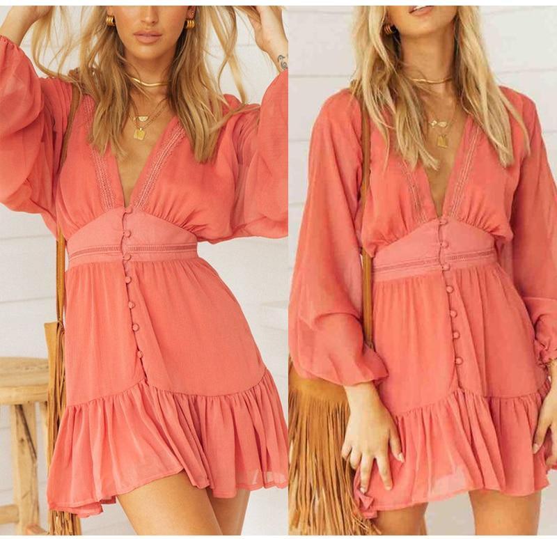 Lace Long Sleeve V Neck Spring Party Mini Dress
