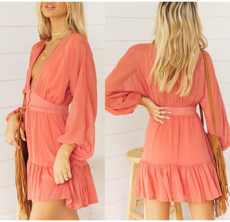 Lace Long Sleeve V Neck Spring Party Mini Dress