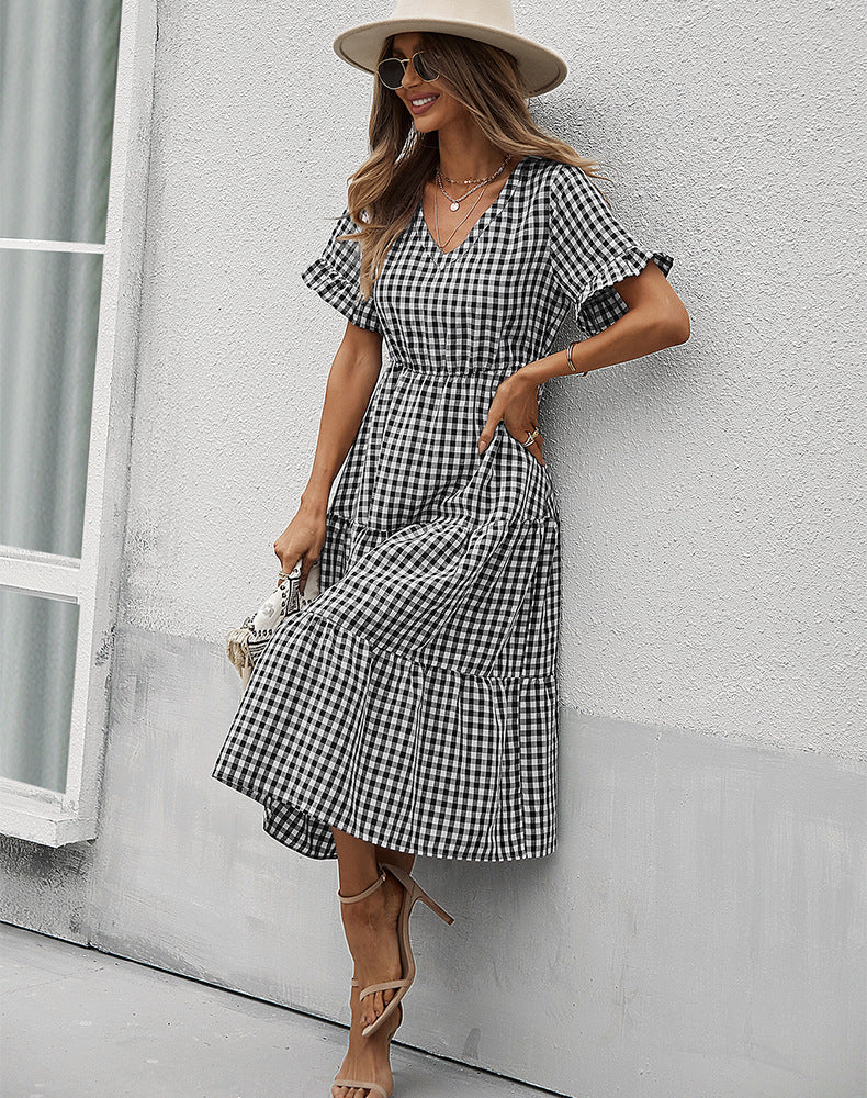 Plaid Ruffled High Waist Vintage Midi Dress
