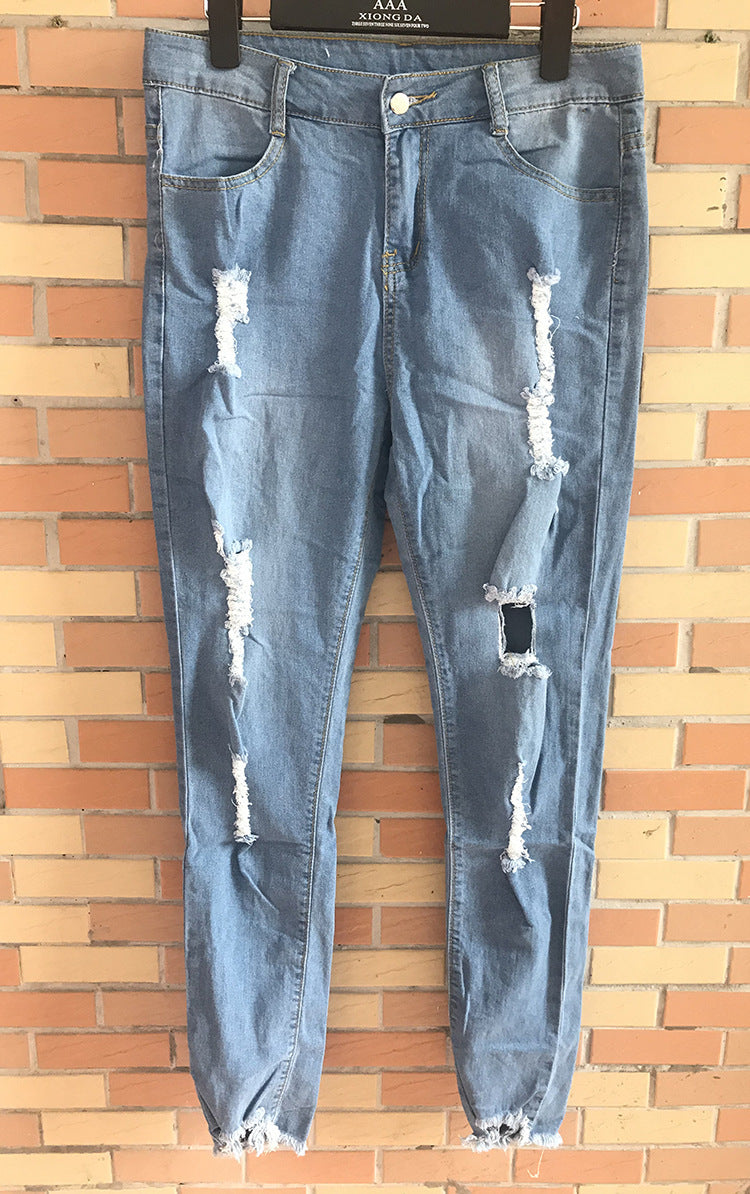 Stretch Cotton High Waist Hole Slim Jean