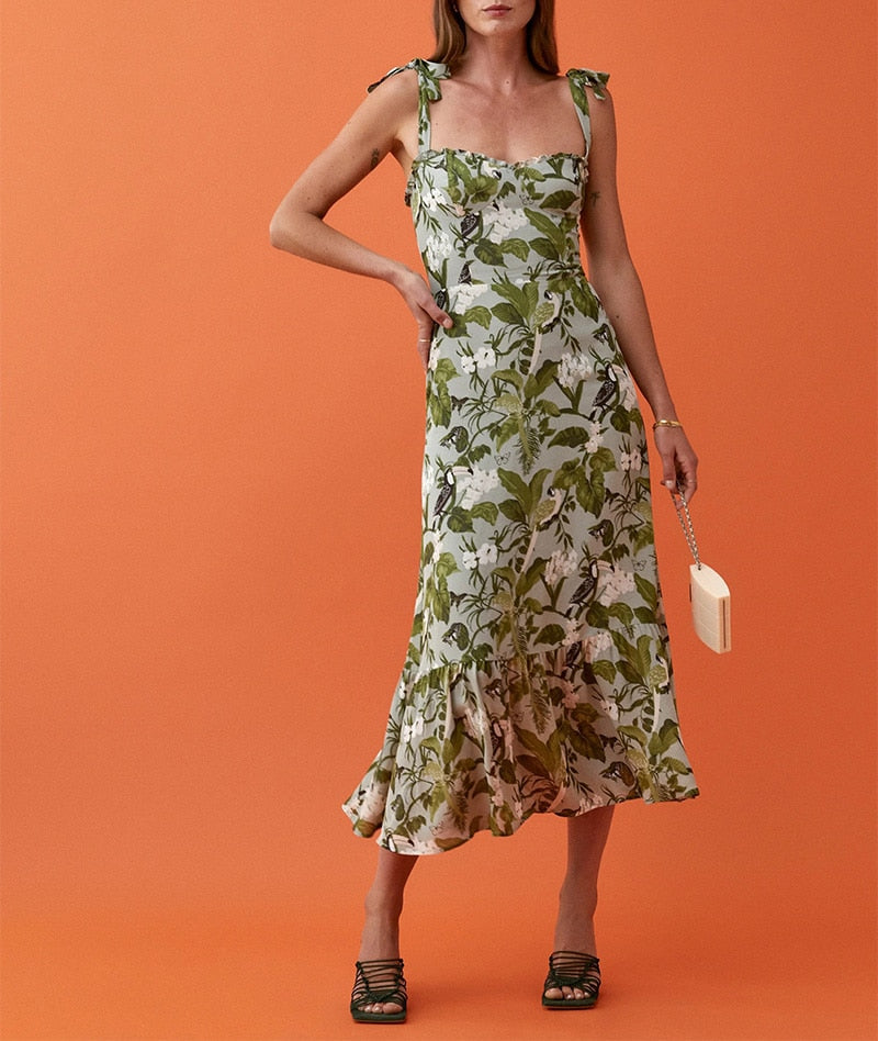 Ruffled Beach Sweetheart Tie Strap Midi Dress