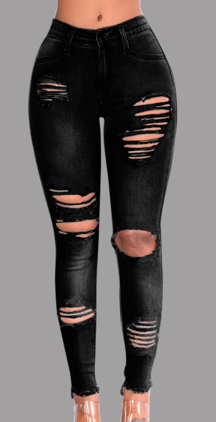 Stretch Cotton High Waist Hole Slim Jean