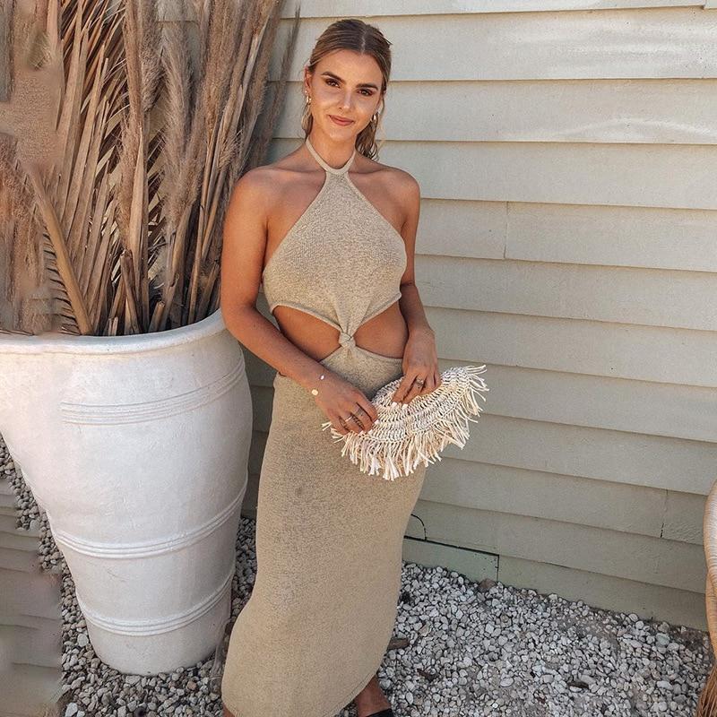 Knitted Halter Vacation Style Maxi Dress