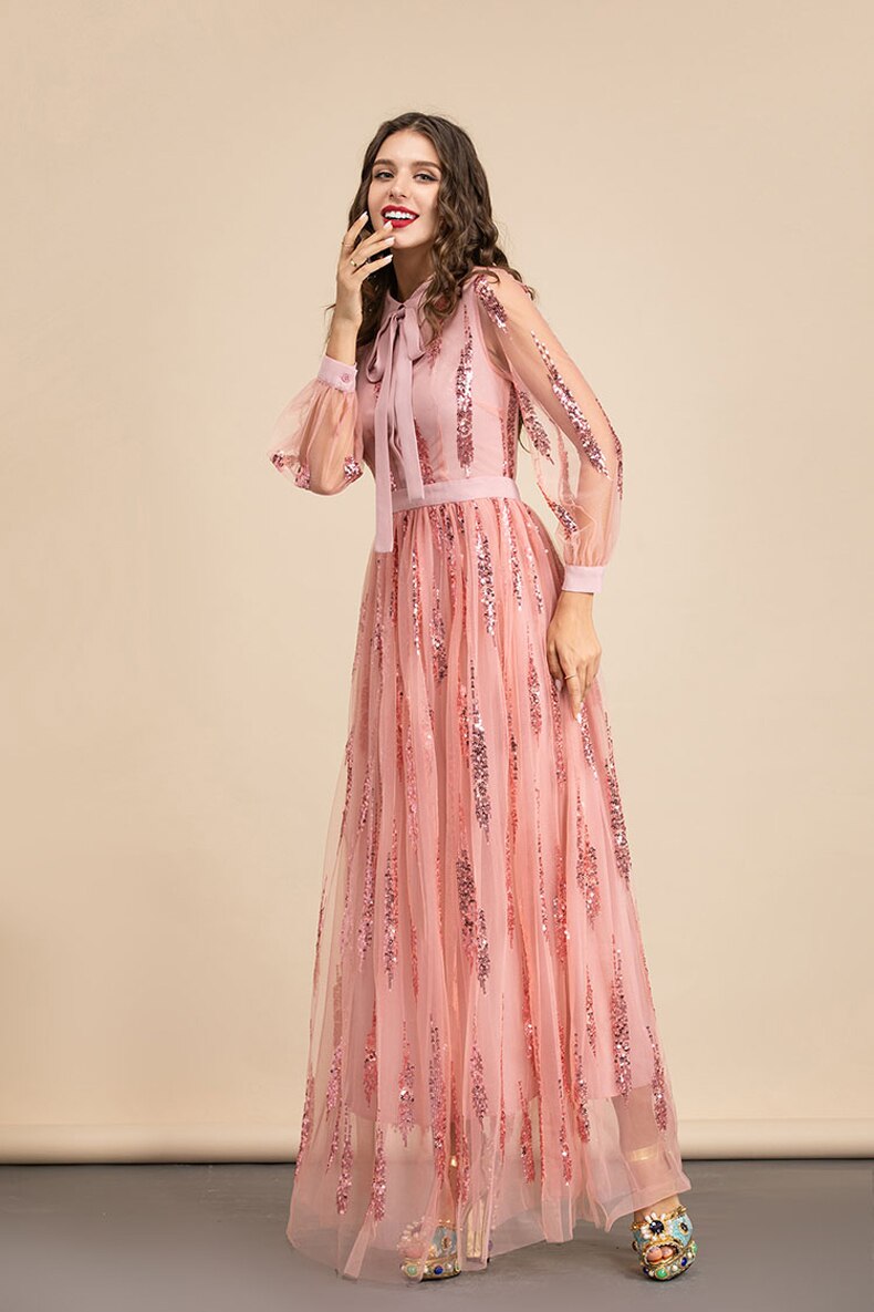 Sequin Patchwork Long Sleeve Party Maxi Dress