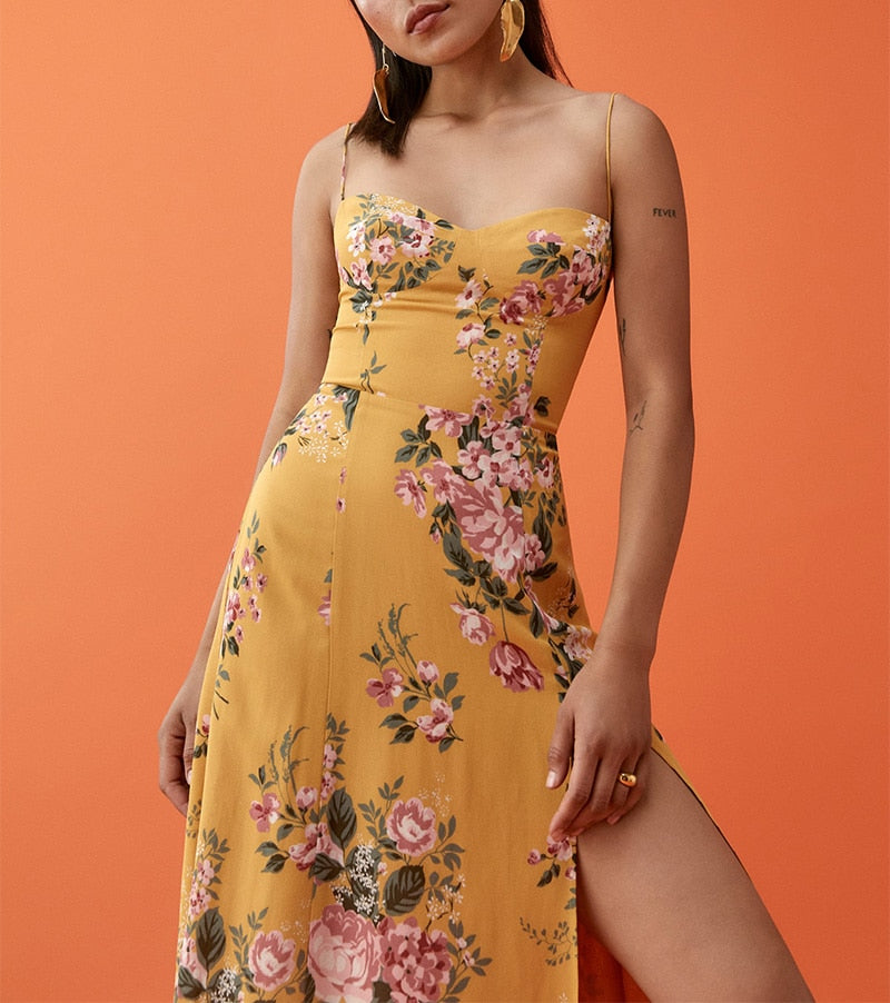 Vintage Spaghetti Strap Side Slit Midi Dress
