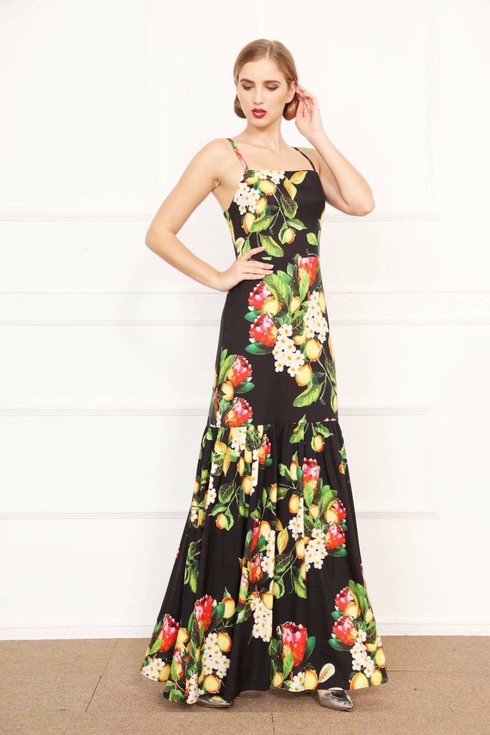 Printed Spaghetti Strap Party Maxi Dress